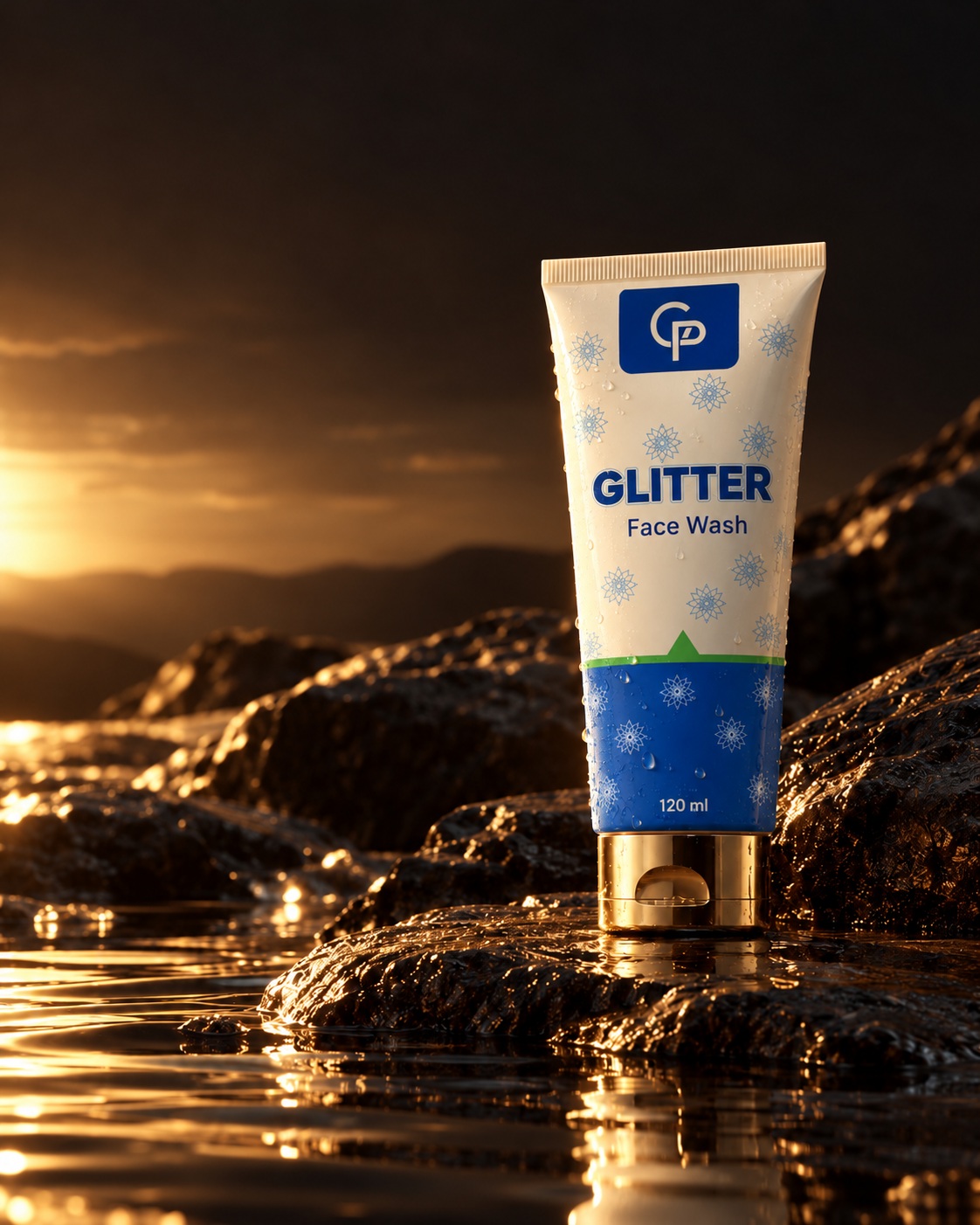 GleamPharma face wash on reflective bronze stone