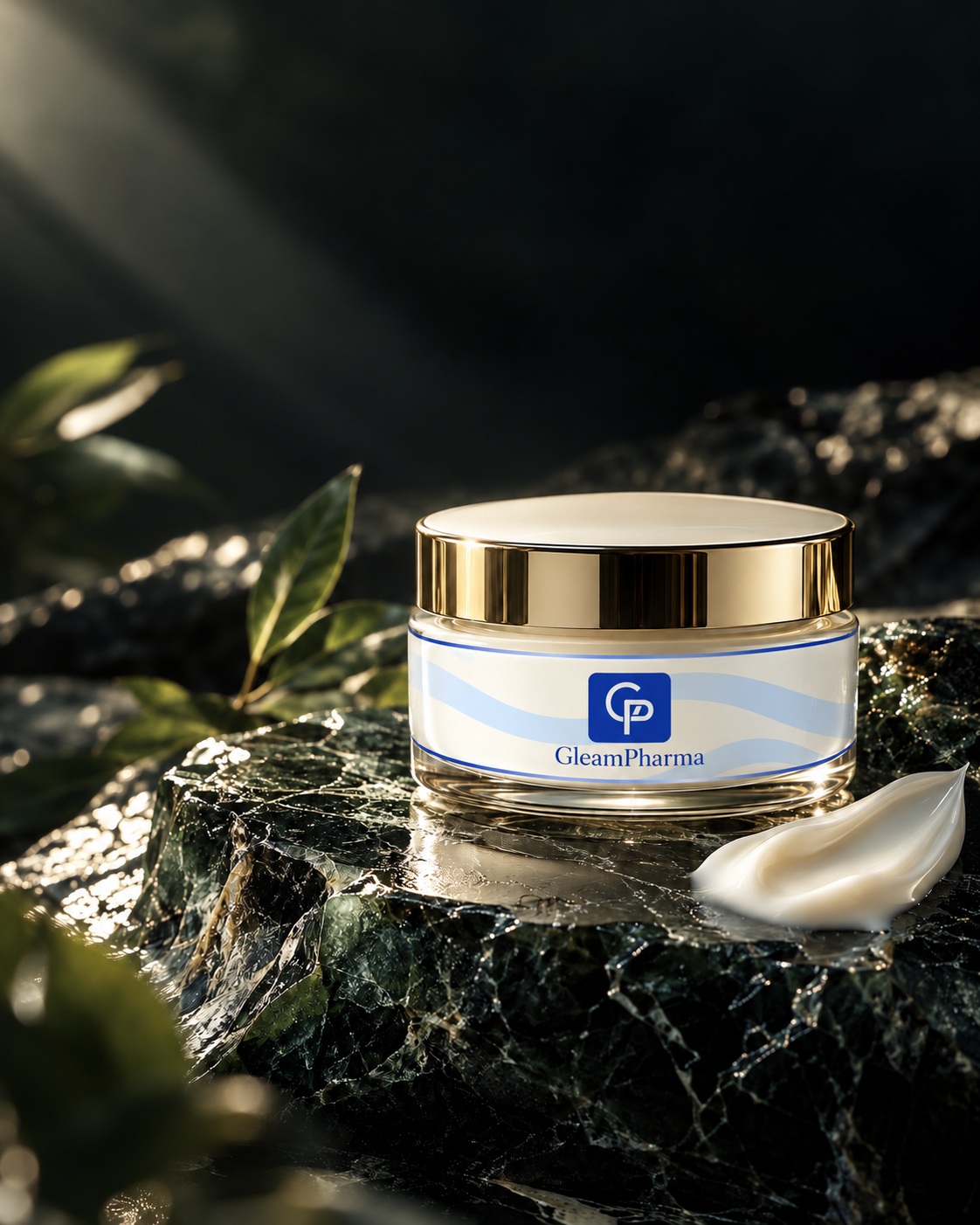 GleamPharma moisturizer in silver-green light